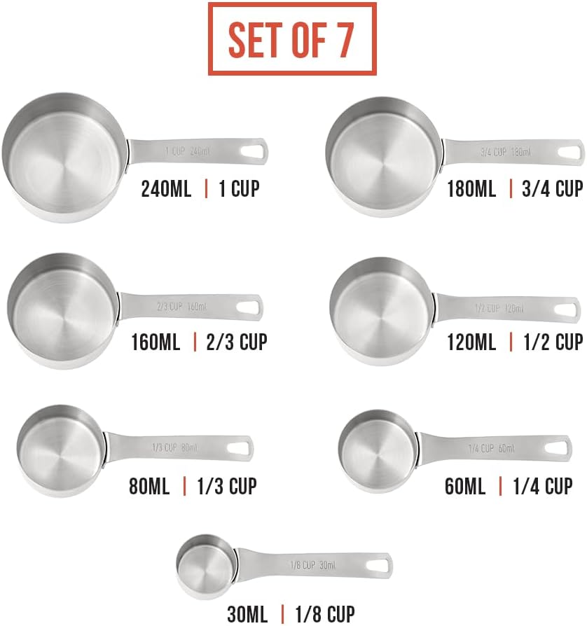 Chef Pomodoro Stainless Steel Measuring Cup Set, Nested and Stackable with 7 Pieces, Sturdy Extra-long Handles with Lasered Markings and Sorting Ring