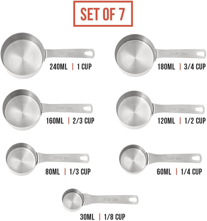 Chef Pomodoro Stainless Steel Measuring Cup Set, Nested and Stackable with 7 Pieces, Sturdy Extra-long Handles with Lasered Markings and Sorting Ring