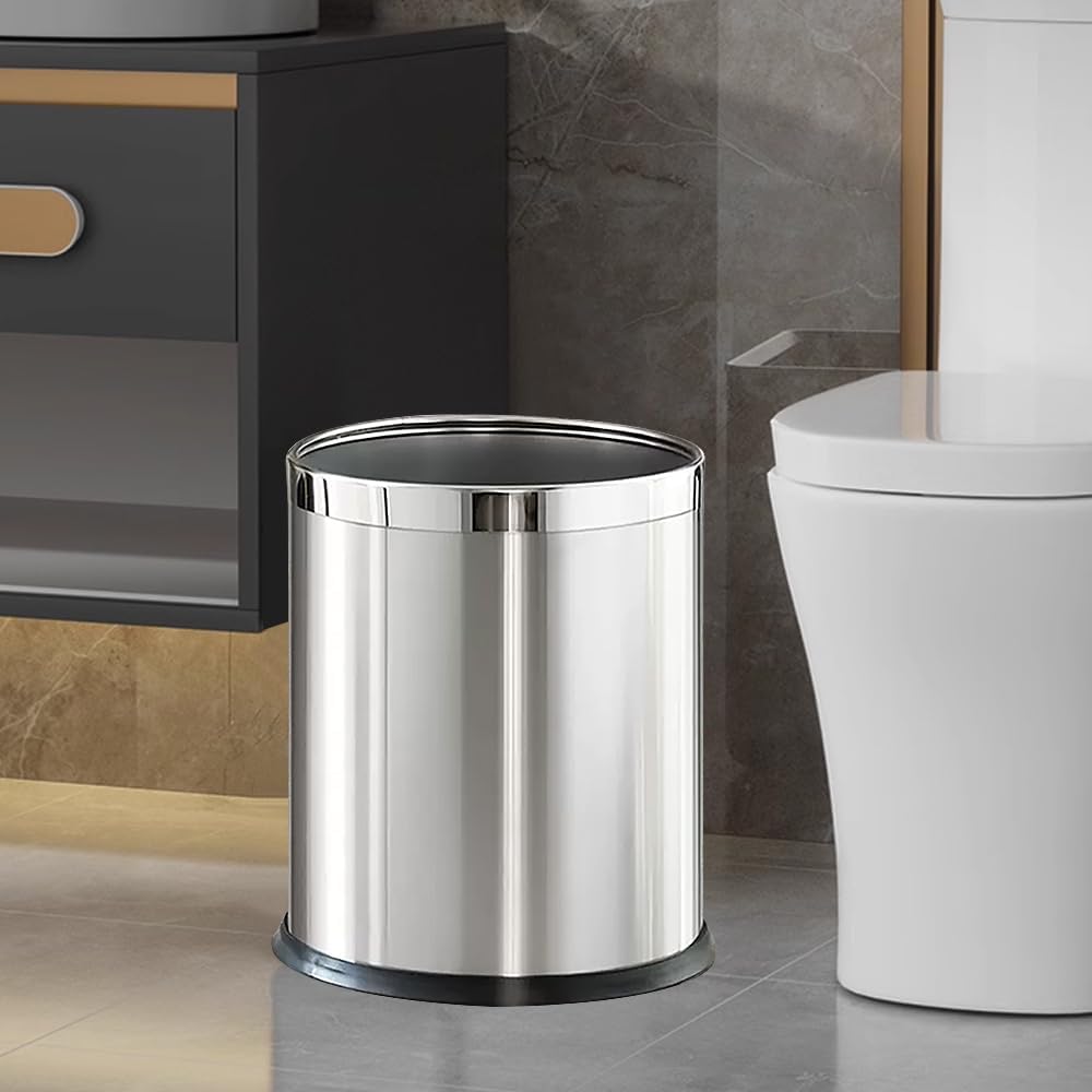 2.6Gallon/10L，Stainless Steel Bathroom Trash Can,Chrome Trash Can,Silver Garbage Can for Office，Wastebasket for Hotel，Office，Store，Metal Trash bin Without lid (Silver)