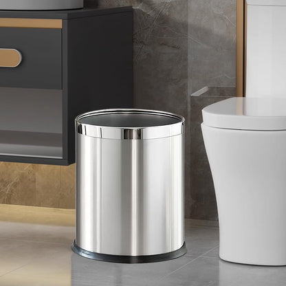 2.6Gallon/10L，Stainless Steel Bathroom Trash Can,Chrome Trash Can,Silver Garbage Can for Office，Wastebasket for Hotel，Office，Store，Metal Trash bin Without lid (Silver)