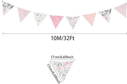Zwiebeco 32Ft Pink Fabric Floral Pennant Banner Bunting Cotton Pinkish Flowers Triangle Flags Party Decorations for Birthday Wedding Engagement Bridal Baby Shower Rustic Village Home Garden Decor