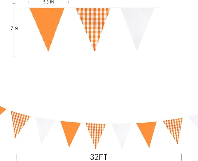 32Ft Orange Party Decorations Orange Buffalo Plaid Checkered White Triangle Flag Gingham Pennant Bunting Fabric Garland Streamers for Fall Autumn Wedding Birthday Thanksgiving Picnic Garden Decor