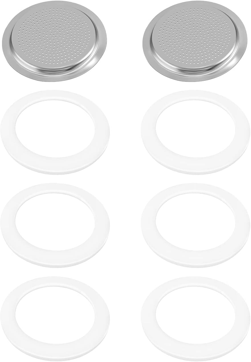6 Pieces Moka Pot Replacement Cup Gasket with 2 Pcs Stainless Filter Silicone Moka Express Replacement Seals Funnel Kits Compatible Espresso Coffee