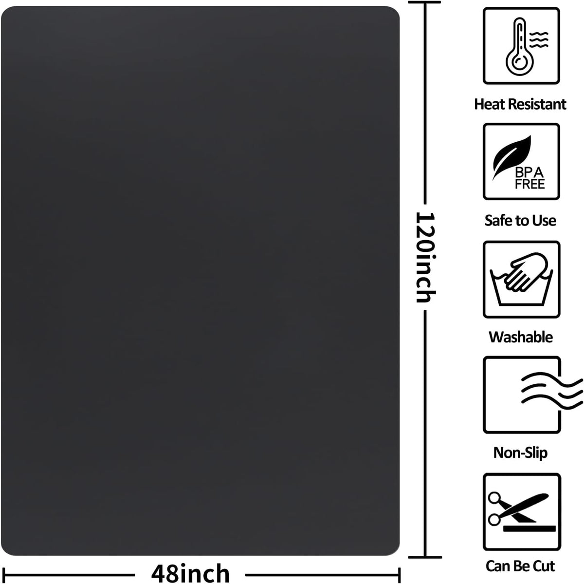 Extra Large Silicone Mat,Silicone Mats for Kitchen Counter Island Dinner Table Countertop Protector Heat Resistant Mat (120” x 48”, Black)