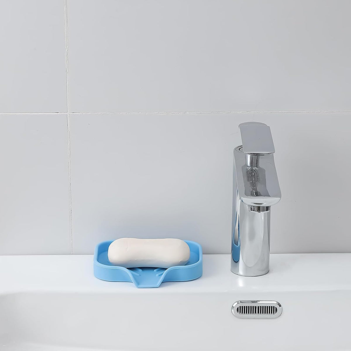 Silicone Bathroom Soap Dishes with Drain Spout-Bathroom and Kitchen Sink Organizer,Sponge Holder,Dish Soap Tray,Perfect for Dispenser,Scrubber,Bottle on Sink or Counter-Light Blue 4.9"×3.2"