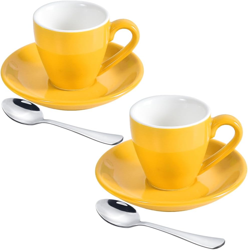 Porcelain Espresso Cup with Saucer And Stainless Steel mini Spoons, Espresso shot Cup, 80ml/2.7Oz, Pack of 2, Yellow