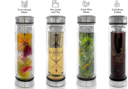 Teabloom All-Beverage Infusion Bottle – 14 oz / 400 ml – Double Wall Insulated Glass Travel Flask – Hot Tea & Cold Brew Coffee Thermos