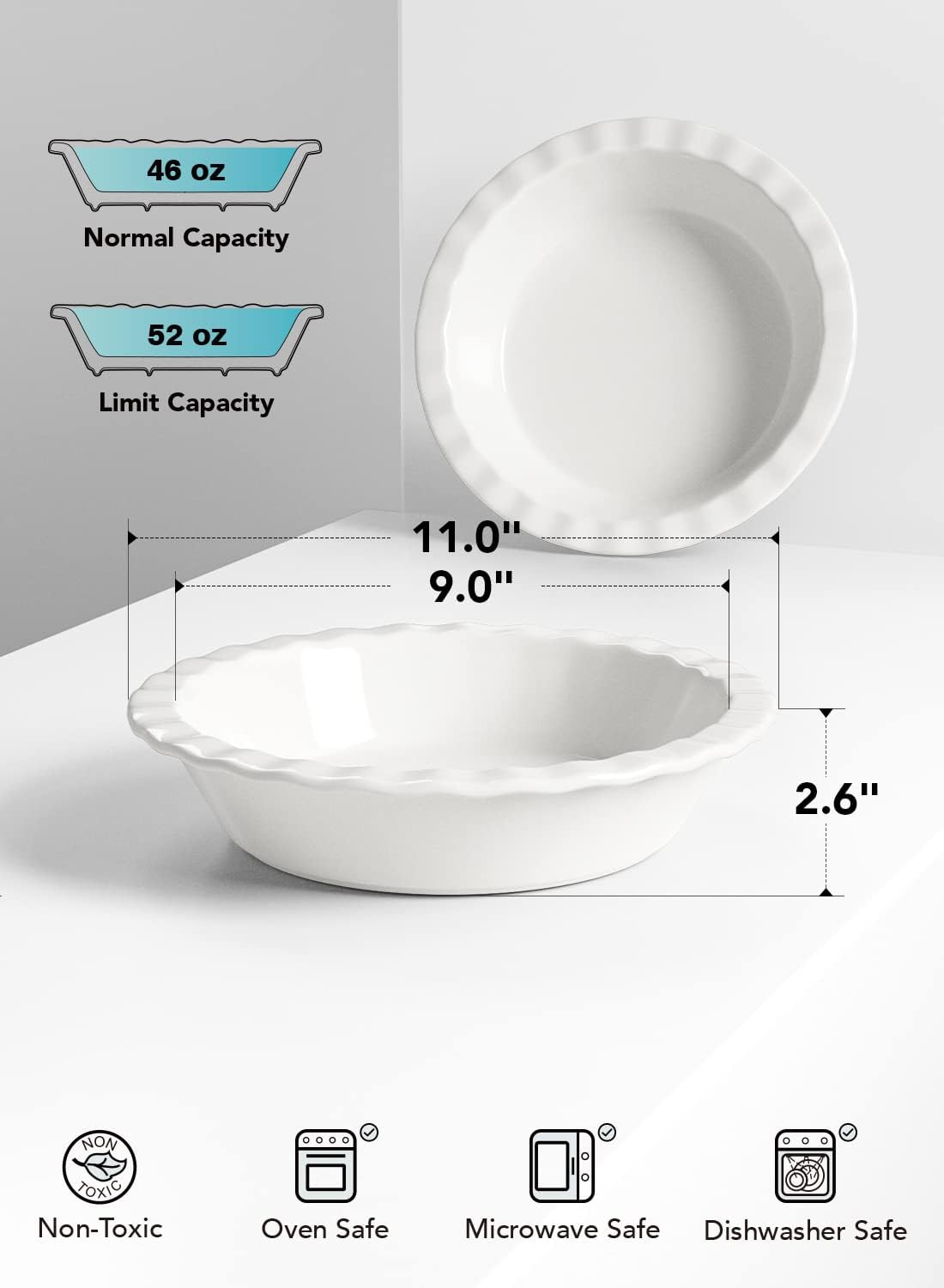 LE Tauci Ceramic Pie Pans Plate for Baking, 9 inch Deep Dish Baking Dish, 52 ounce Bakeware for Apple Pecan Pie, Set of 2, White