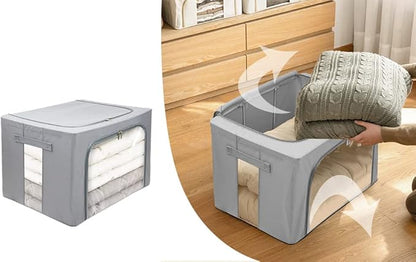 Stackable Clothes Storage Box for Clothing Gadgets,Steel Frame Storage Bins for Toys Gift,Foldable Oxford Fabric Closet Organizer Bag Set with Carry Handles Clear Window (Large- 66L x3 Pack, Grey)