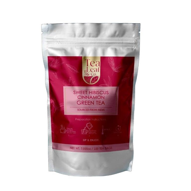 Tealeaf & Co. Sweet Hibiscus Cinnamon Green Tea with Hibiscus, Cinnamon, Stevia & Clove - Green Tea Bags with Fresh Herbs and Spices (Low Caffeine)