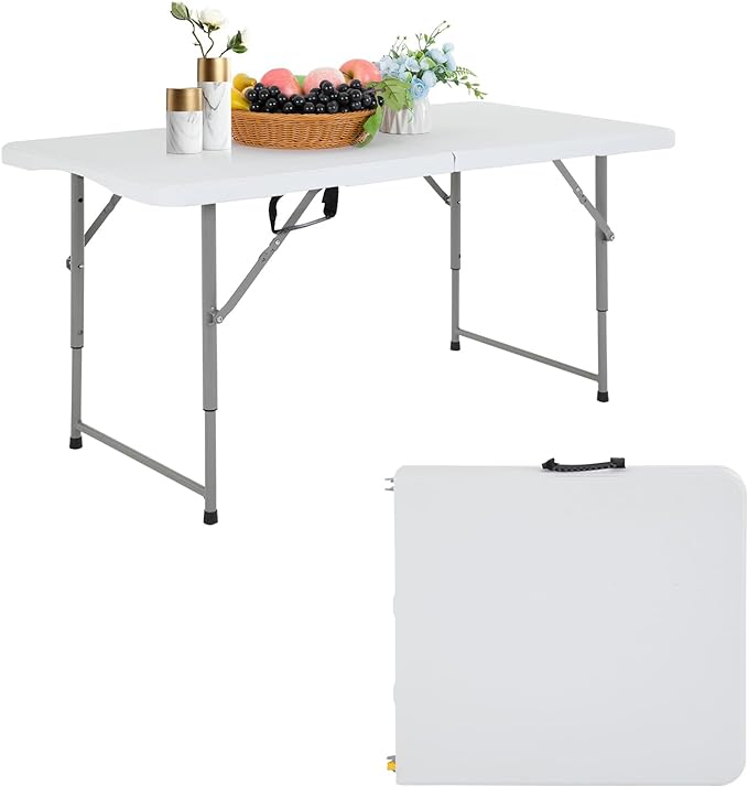 PayLessHere | 4FT Folding Table | Portable Plastic Table with Carry Handle | Waterproof & Foldable Table Design | Steel Frame with Lock | White | for Events, Camping, Indoor & Outdoor Use
