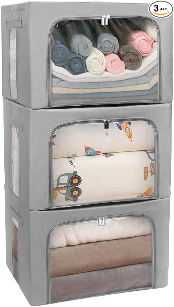 Stackable Clothes Storage Box for Clothing Gadgets,Steel Frame Storage Bins for Toys Gift,Foldable Oxford Fabric Closet Organizer Bag Set with Carry Handles Clear Window (Large- 66L x3 Pack, Grey)