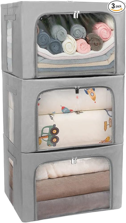 Stackable Clothes Storage Box for Clothing Gadgets,Steel Frame Storage Bins for Toys Gift,Foldable Oxford Fabric Closet Organizer Bag Set with Carry Handles Clear Window (Large- 66L x3 Pack, Grey)