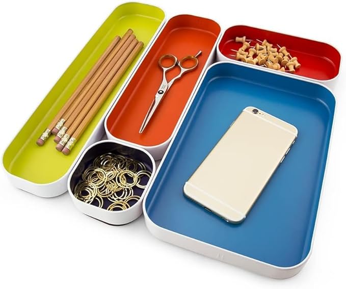 Three by Three Seattle 10 Piece Shallow Metal Organizer Tray Set for Storing Makeup, Stationery, Utensils, and More in Office Desk, Kitchen and Bathroom Drawers (1 Inch, Assorted Colors)