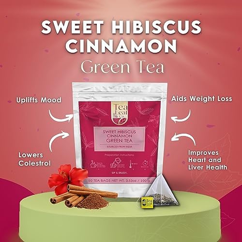 Tealeaf & Co. Sweet Hibiscus Cinnamon Green Tea with Hibiscus, Cinnamon, Stevia & Clove - Green Tea Bags with Fresh Herbs and Spices (Low Caffeine)
