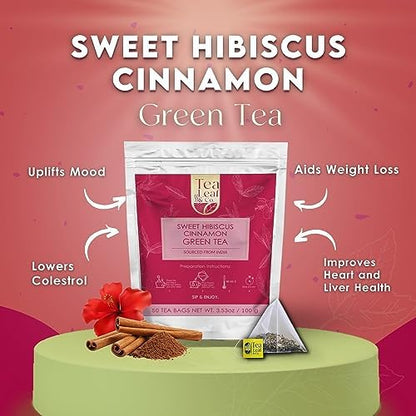 Tealeaf & Co. Sweet Hibiscus Cinnamon Green Tea with Hibiscus, Cinnamon, Stevia & Clove - Green Tea Bags with Fresh Herbs and Spices (Low Caffeine)