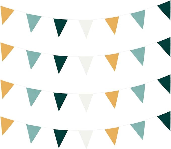 Zwiebeco 39Ft Dark Green Gold White Fabric Bunting Banner Triangle Flags Cotton Garland Pennant for Forest Wild One Safari Birthday Wedding Baby Shower Outdoor Garden Decorations