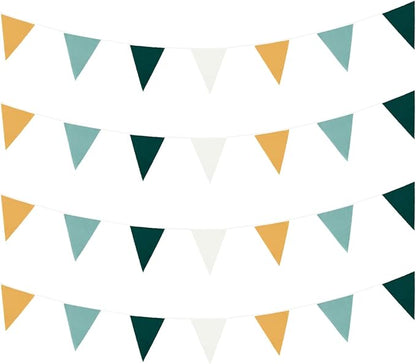 Zwiebeco 39Ft Dark Green Gold White Fabric Bunting Banner Triangle Flags Cotton Garland Pennant for Forest Wild One Safari Birthday Wedding Baby Shower Outdoor Garden Decorations