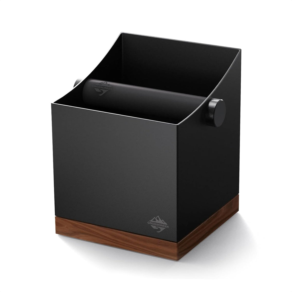 CrossCreek Coffee Knock Box, 2.5L Large Espresso Grounds Container, Metal & Walnut Wood, Removable Silicone Knock Bar & Non-Slip Base
