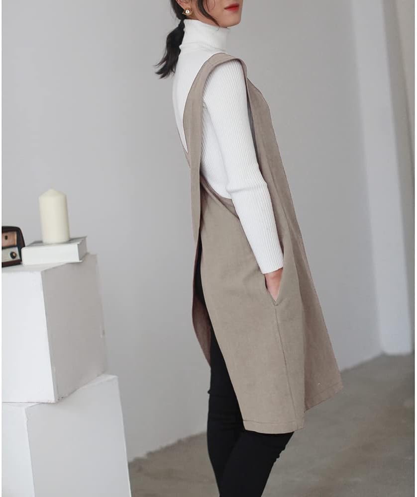 Cotton Linen Japanese Apron Halter Cross Back Bandage X Shape Aprons Two Pockets