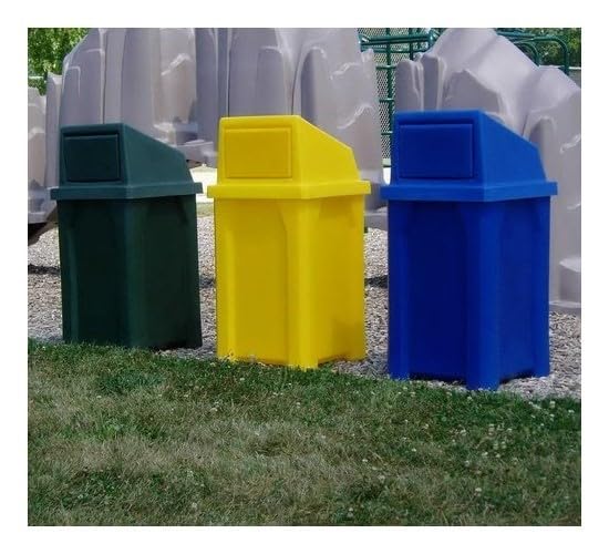 32 Gallon Square 100% Recycled Plastic Heavy Duty Outdoor Trash Can with Push Lid - Great for Schools and Businesses - Red