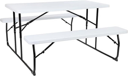Flash Furniture Insta-Fold Picnic Table - White Wood Grain Folding Picnic Table Bench Set for Adults - 4.5 Foot Folding Table