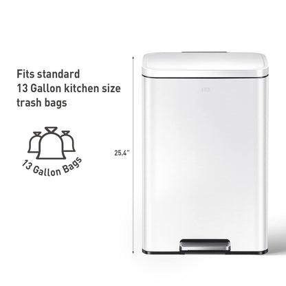 EKO Madison Matte White 50 Liter/13.2 Gallon Step Trash Can with Inner Liner - Fingerprint Resistant Finish