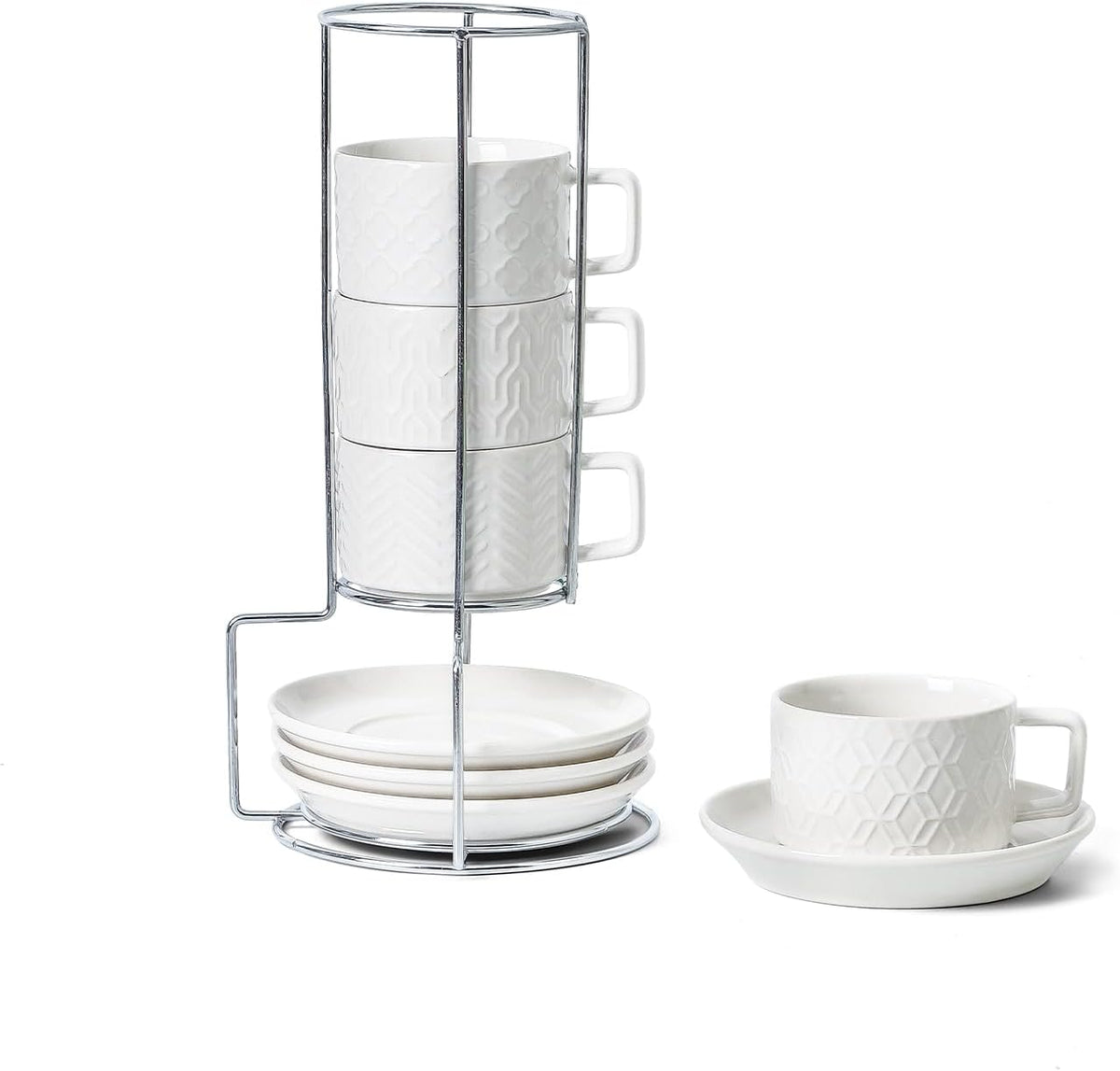 Sureasy Ceramic Espresso Cups Set of 4 – 4 oz White Embossed Cappuccino Cups with Saucers and Metal Stand, Stackable Mugs for Latte, Mocha, Tea, and Specialty Coffee
