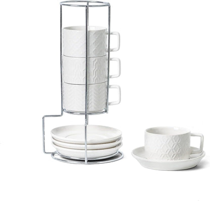 Sureasy Ceramic Espresso Cups Set of 4 – 4 oz White Embossed Cappuccino Cups with Saucers and Metal Stand, Stackable Mugs for Latte, Mocha, Tea, and Specialty Coffee