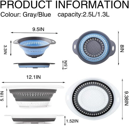 Collapsible Colander Set, Square Round Triangles Silicone Kitchen Strainer Perfect for Draining Pasta Vegetable fruit 2 PCS (Gray&Blue, 12"L x 9.5"W x 2.3"H)