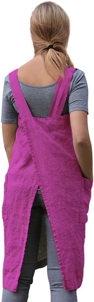 Women's Pinafore Square Apron Baking Cooking Gardening Works Cross Back Cotton/Linen Blend Dress with 2 Pockets