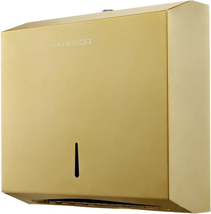 Commercial Paper Towel Dispenser Wall Mount, Tri-fold/Multi-fold/C-Fold Stainless Steel Paper Towel Holder Hand Towel Dispenser with Key (Gold)