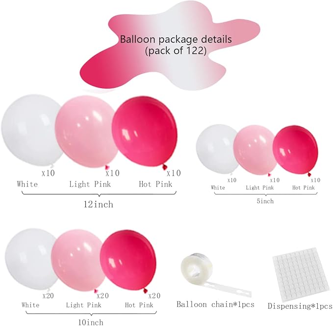 Hot Pink White Balloon Garland Arch Kit, 122PCS Rose Red White Light Pink Balloons for Girl Birthday Wedding Anniversary Bachelorette Engagement Mean Girls Party Decoraion…