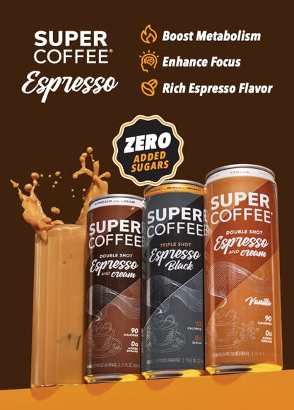 SUPER COFFEE Espresso, Iced Keto Coffee (0g Added Sugar, 90 Calories) [Vanilla] 11 Fl Oz, 12 Pack | Smart Coffee Drink - SoyFree GlutenFree