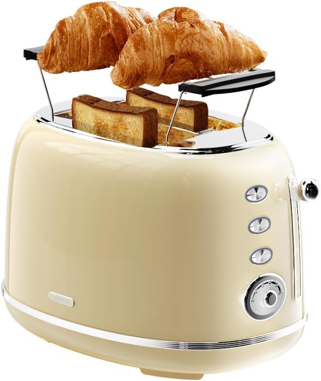 Toaster Retro 2 Slice, Vintage White Toaster with Lid, with Bread Attachment, Preheat, Defrost And Cancel Functions, 6 Browning Levels (Beige)