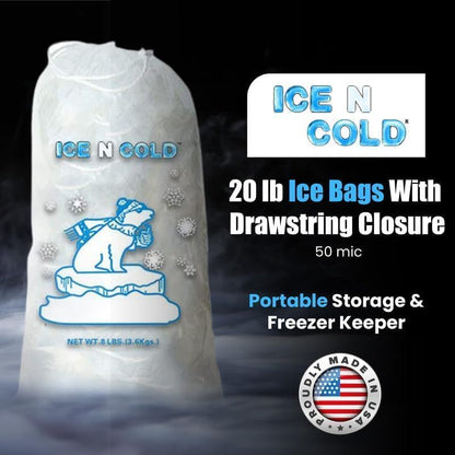 Ice Bags with Drawstring Closure | 20lb, 300ct/cs | 50 mic Thickness | Portable Storage and Freezer Keeper