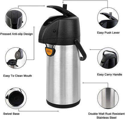 Airpot Coffee Dispenser Thermal with Pump,2.5L/85 Oz Insulated Stainless Steel Large Airpot Coffee Carafe Lever Action for Hot/Cold Water
