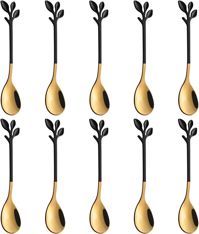 AnSaw Elegant Black & Gold Leaf Espresso Spoons - 10-Piece, 4.7" Mini Stainless Steel Coffee & Dessert Tea Spoons