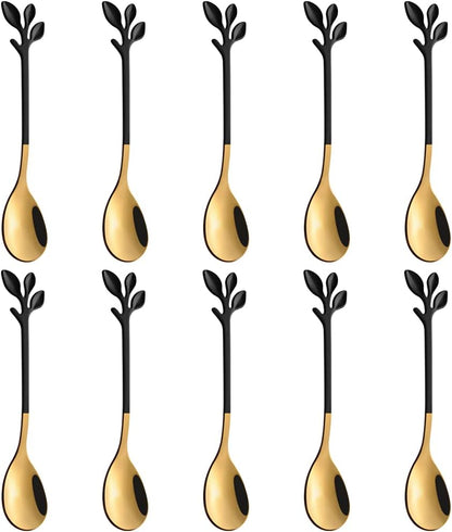 AnSaw Elegant Black & Gold Leaf Espresso Spoons - 10-Piece, 4.7" Mini Stainless Steel Coffee & Dessert Tea Spoons