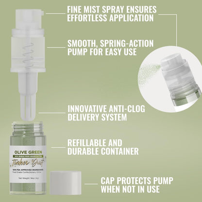 Bakell - Olive Green Tinker Dust (4g, 1x Mini Spray Pump) Edible Glitter for Food, Desserts, and Beverages!