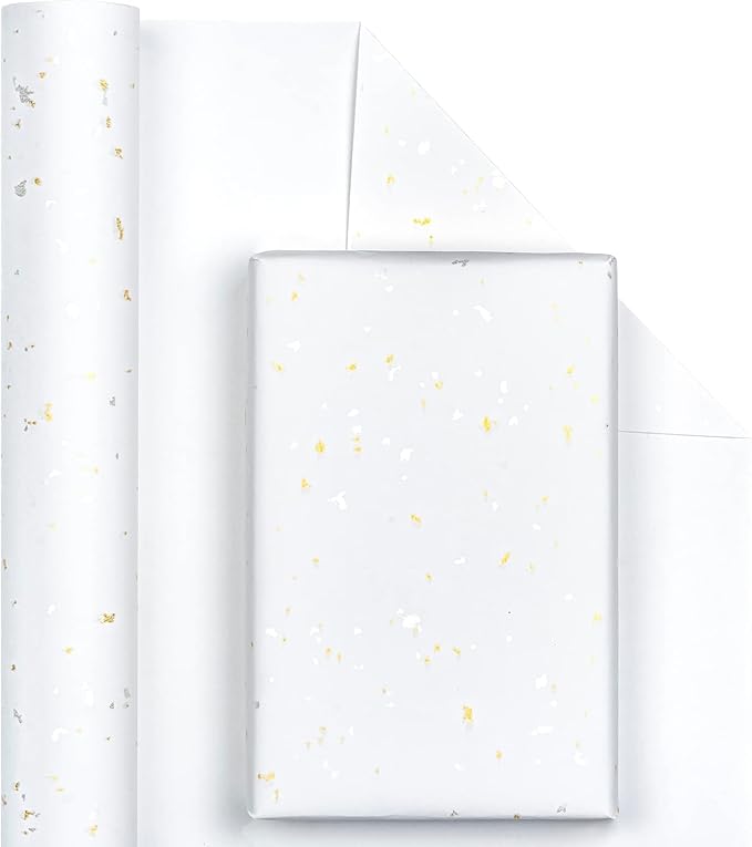 MAYPLUSS Thick Wrapping Paper Roll - 17Inch x 16.5Feet - Romantic Gold Shiny Flakes on Matte White Heavy Gift Wrap Paper with Silky Touch for Wedding, Birthday, Holiday, Christmas