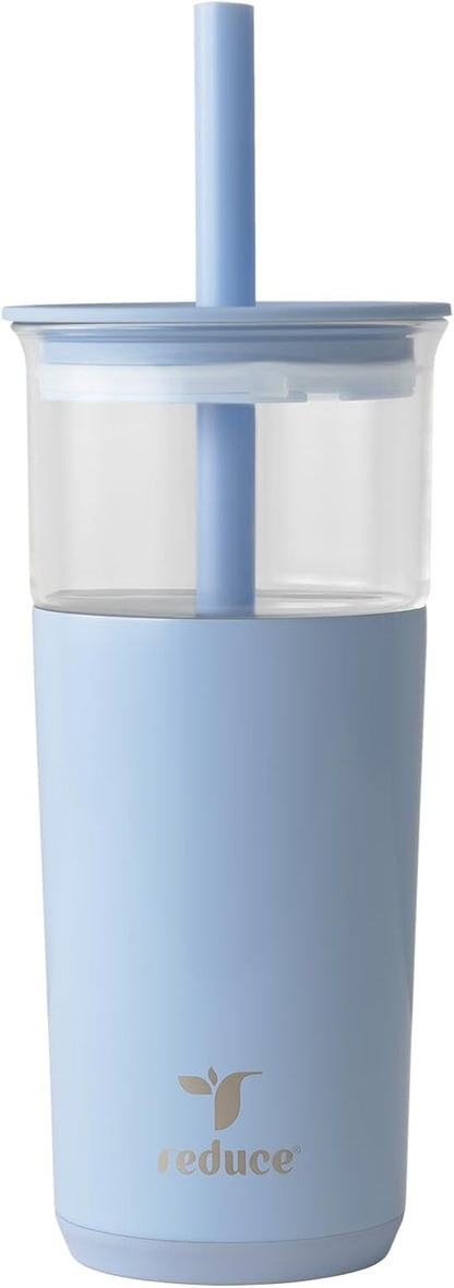 REDUCE Aspen 20 oz Vacuum Insulated Glass Tumbler with Lid & Extra Wide Straw - Keeps Drinks Cold for 12 Hrs - Ideal for Iced Coffee, Smoothies & Boba - Dishwasher Safe, Soft Base - Glacier