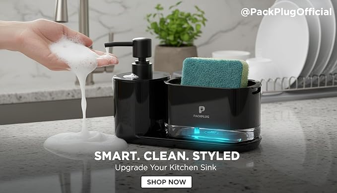 Automatic Dishwasher Soap Dispenser Set, Satisfying Squeeze Double Soap Pump, Premium Sponge Tray, Kitchen Sink Organizer, Instant Refill Soap Holder, 2 Minutes cleanup, Hand Pressed, Modern (Black)