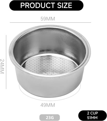 Double Cup Stainless Steel Coffee Filter 51mm, Double Layer Pressurized Filter for Portafilter Coffee Machine