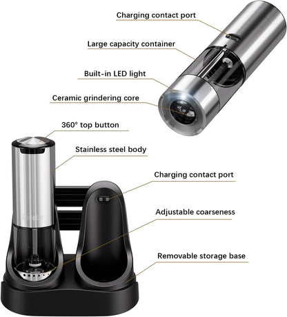 Electric Rechargeable Salt and Pepper Grinder Set,Automatic Pepper Mill Grinder with USB C Charging Dock,Upgraded 95ml Large Capacity,Adjustable Coarseness,LED Light,Stainless Steel