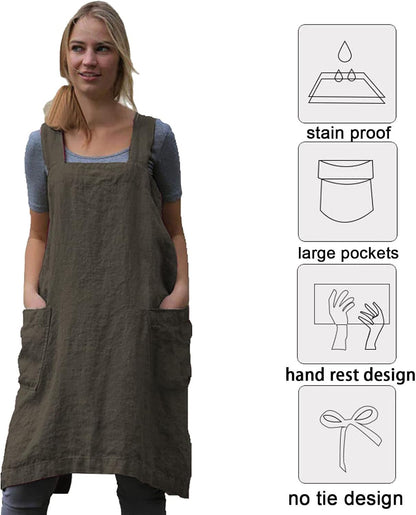 ZQFFB Pinafore Cross Back Apron for Women with Pockets Japanese Smock for Work Gardening Cooking Painting Baking