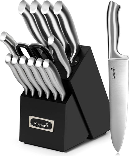 Kuisine Sharp Knife Set,One-piece Molding,Sharper Blade Ergonomic Non-slip Steel Handle,Block Knife Set Chef Knife Set with Built-in Sharpener(Black,15PCS)