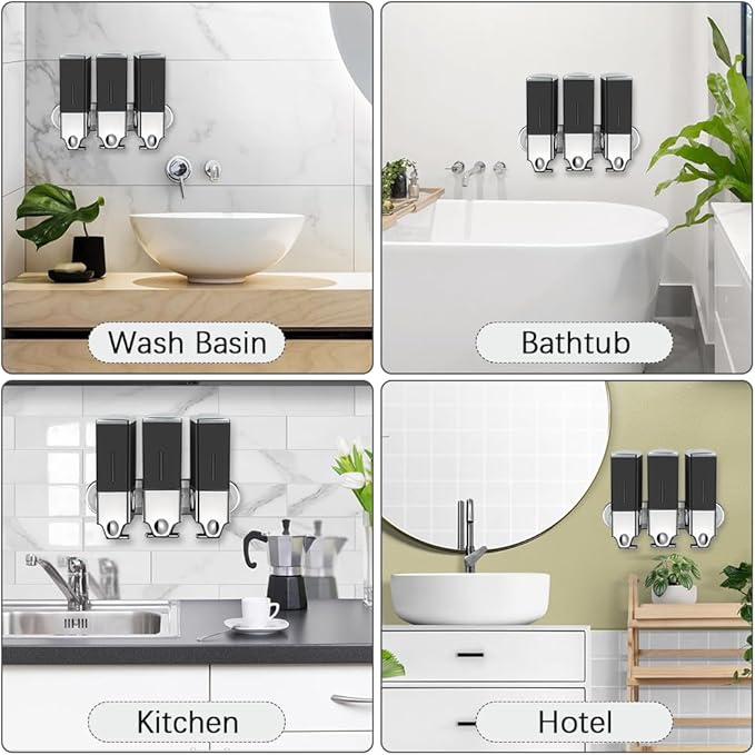 No-Drill 3 Pack 500ml Wall Mounted Soap Dispenser for Bathroom and Kitchen, Shampoo and Conditioner Dispenser Drill Free with Adhesive(Square-Black)