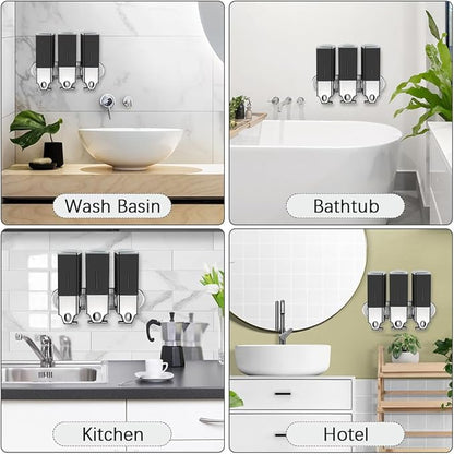No-Drill 3 Pack 500ml Wall Mounted Soap Dispenser for Bathroom and Kitchen, Shampoo and Conditioner Dispenser Drill Free with Adhesive(Square-Black)