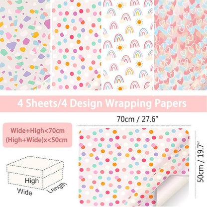 Pink Gift Wrapping Paper, Birthday Wrapping Paper for Girl w/Gift Tags, Rainbow Polka Dots Heart Gift Wraps for Birthday, Valentines Day, Christmas, Wedding, Baby Shower, 4 Sheets 27.5x19.6inch